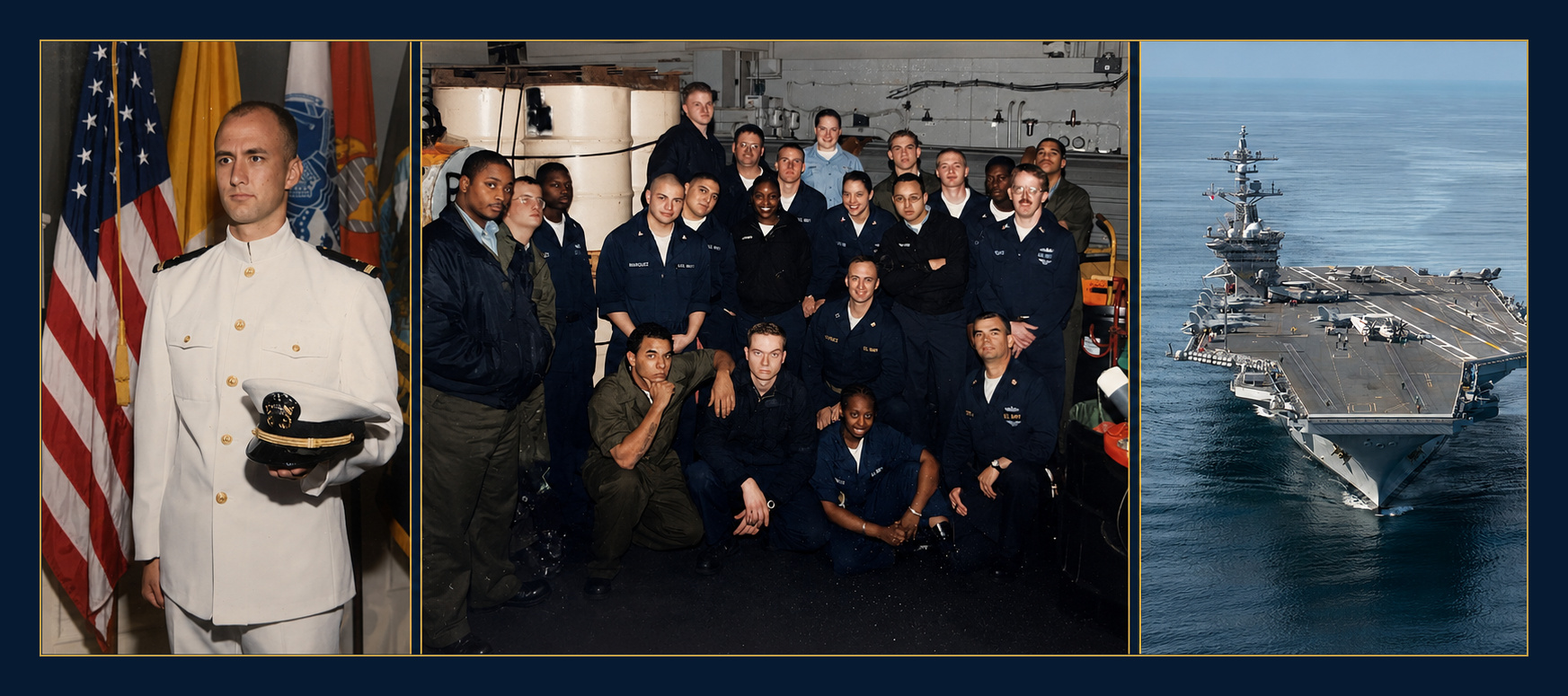 Three-photo collage: Steven Province in white naval officer uniform beside flags; a Navy group photograph; and an aircraft carrier at sea.